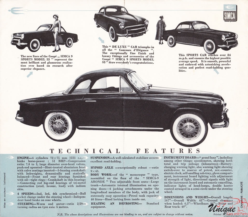 1953 Simca 9 Sport Brochure Page 1